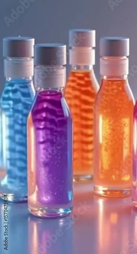 Colorful Bottles with Liquid Beauty Product Skincare Cosmetic Serum Essential Oil Aromatherapy Spa Wellness