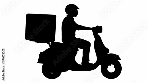 Silhouette of a delivery person on a scooter with a box attached to the back for transport, in black