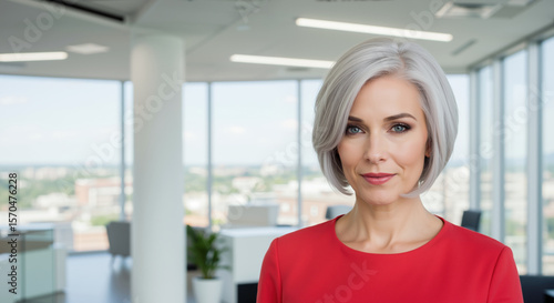 Free Download Woman with platinum silver bob haircut in red top at corporate office. Professional hair styling and cutting for workplace beauty treatments and business executive looks - GFXLoad
