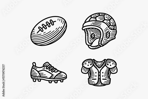 american football gear doodle set. sketch style sport equipment icons. vintage hand-drawn rugby essentials including ball, padded cap, mid cut cleat, padded shoulder pads for posters, merch, stickers
