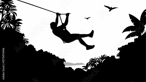 Silhouette of a person ziplining through a tropical landscape with birds in the sky and palm trees 99char