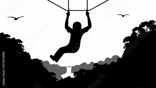 Silhouette of person ziplining over a jungle landscape with birds in the sky and a waterfall below