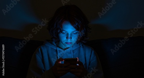 A woman sits in darkness, her face aglow from her phone screen, highlighting her concentration in the isolated setting