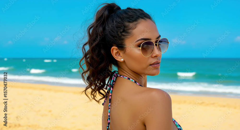 Woman with a dark curly ponytail and sunglasses, in a patterned bikini on a sunny beach. Glamorous beach style and summer sophistication. For sunglass advertisements, swimwear fashion Woman with a dark curly ponytail and sunglasses, in a patterned bikini on a sunny beach. Glamorous beach style and summer sophistication. For sunglass advertisements, swimwear fashion