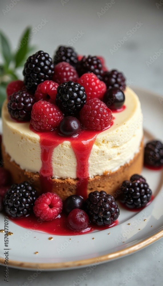 Delicious cheesecake topped with fresh berries and sauce indoors Delicious cheesecake topped with fresh berries and sauce indoors