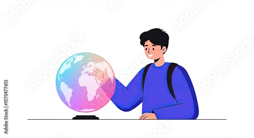 Young man interacts with a holographic globe world map illustration