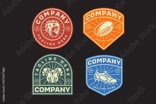 scrum cap helmet, rugby ball, flexible shoulder pads, mid cut shoes retro badge logo vector design collection set for rugby or american football sport, club, league and merchandise
