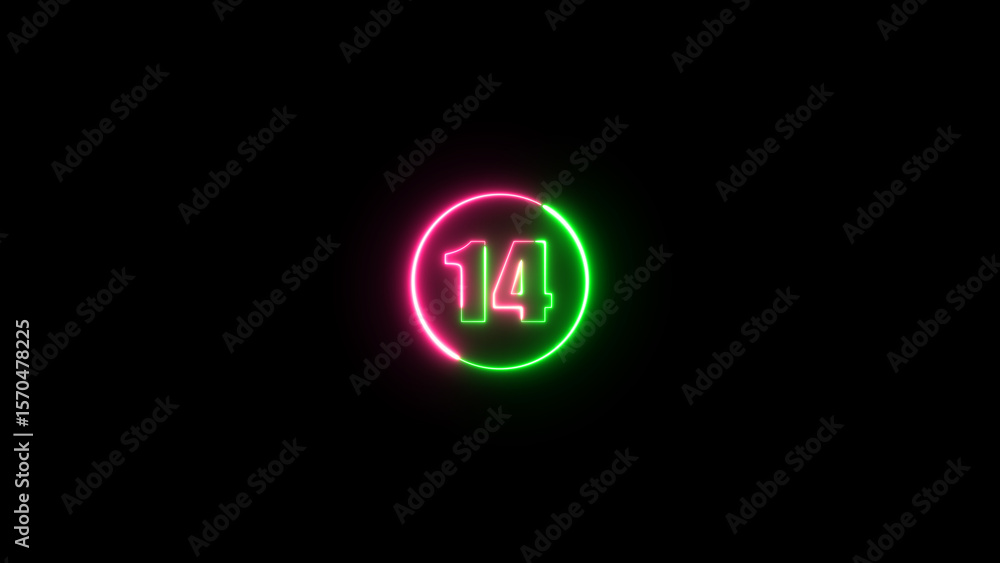 Number 14 glowing in the on the black background. neon light number 14 isolated on background. Abstract purple and green color digit neon effect. Number 14 glowing in the on the black background. neon light number 14 isolated on background. Abstract purple and green color digit neon effect.