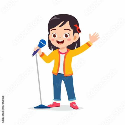 Young Singer's Performance: A charming young girl captivating an audience with her expressive performance, holding a microphone with confidence, showcasing talent and artistic flair.