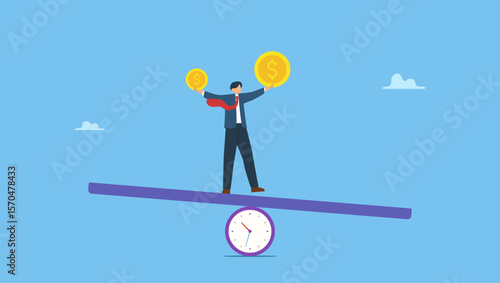 A man holding big and small gold coin money on clock seesaw. Symbolizes time value of money, sum of money worth more now at present time than future, inflation or earning cost, value depend on time.