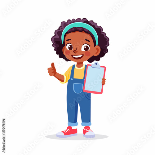 Happy Girl with Clipboard: A cheerful young girl with dark curly hair gives a thumbs-up while holding a clipboard, radiating positivity and readiness.