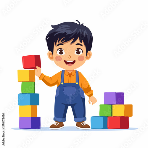 Building Blocks Bonanza: A bright-eyed child creates a colorful tower with building blocks, sparking curiosity and imagination. The image, a vibrant testament to the simple joys of childhood.
