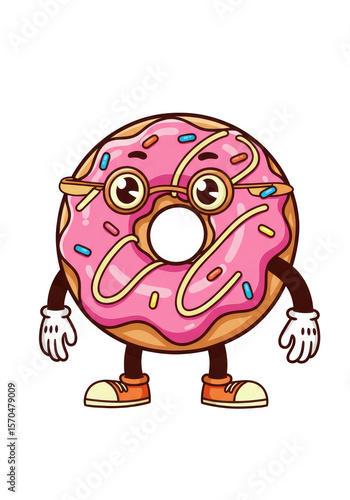 Cute Cartoon Donut Character with Glasses and Shoes Illustration