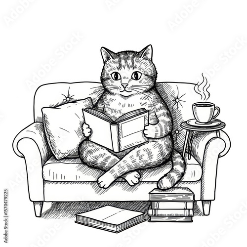 Cute Cat Reading Book on Chair Transparent Background Illustration