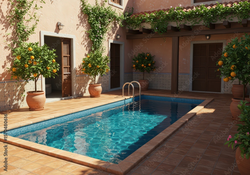 Fototapeta premium A swimming pool surrounded by orange trees and a building with climbing vines in a courtyard