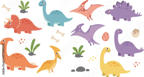 Fototapeta Naklejka Na Ścianę i Meble -  Set of cute cartoon dinosaurs and animals in a fun illustrated style