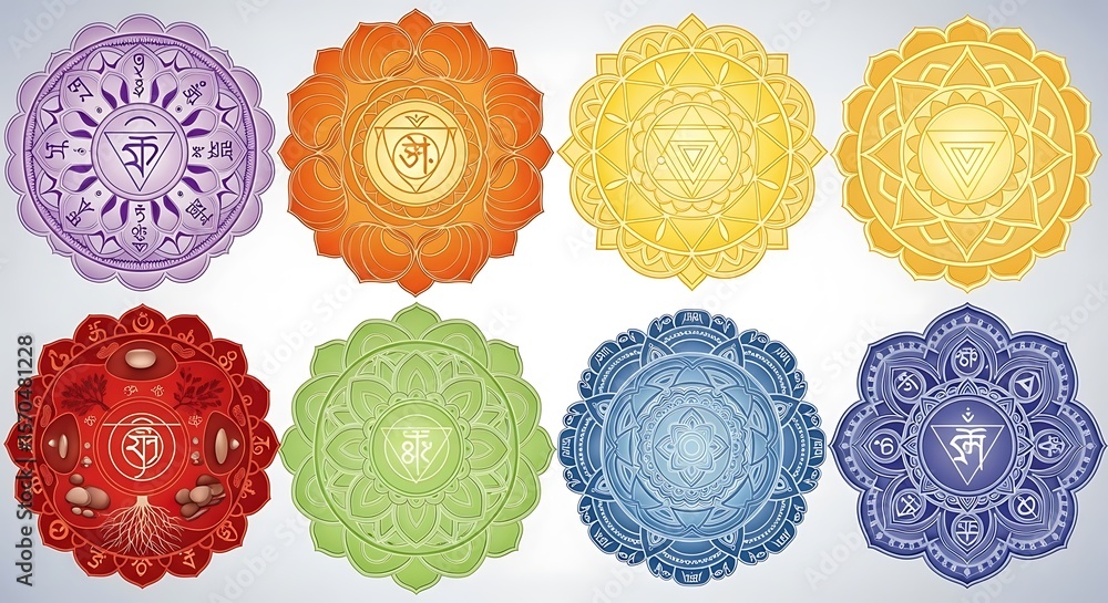 Fototapeta premium Colorful Chakra Symbols Art, Ornamental Medallions for Spiritual Wellness