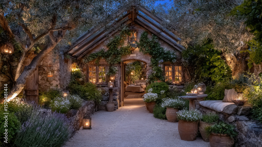 Fototapeta premium Charming cottage surrounded by lush greenery and soft lighting creates serene atmosphere. inviting entrance is adorned with flowers and lanterns