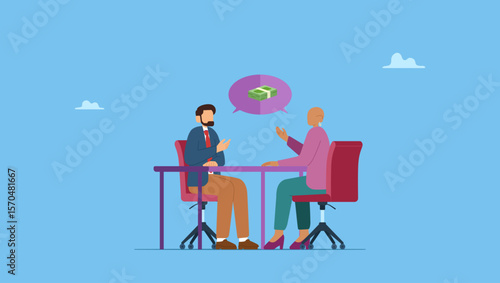 Vector illustration of business people manager negotiate salary with new employee. Salary negotiation or job wage income, reward or pay rate, employment incentive in a job offer.