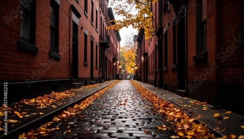 Atmospheric autumn scene down a historic cobblestone alley, with wet pavement, golden leaves, and illuminated red brick buildings.