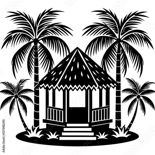 Tropical gazebo with palm trees silhouette on a white background