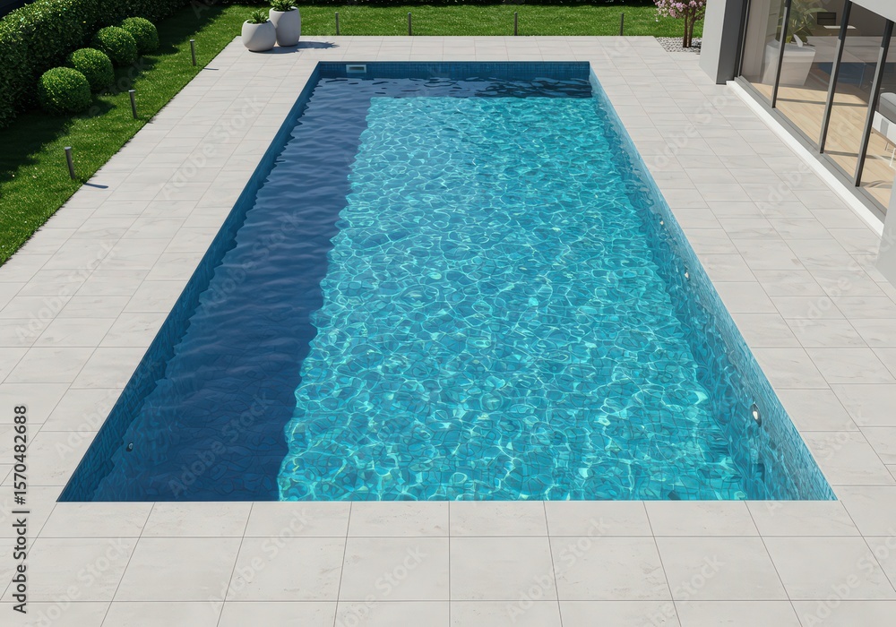 Obraz premium Aerial view of a rectangular swimming pool with turquoise water surrounded by white tiles and greenery