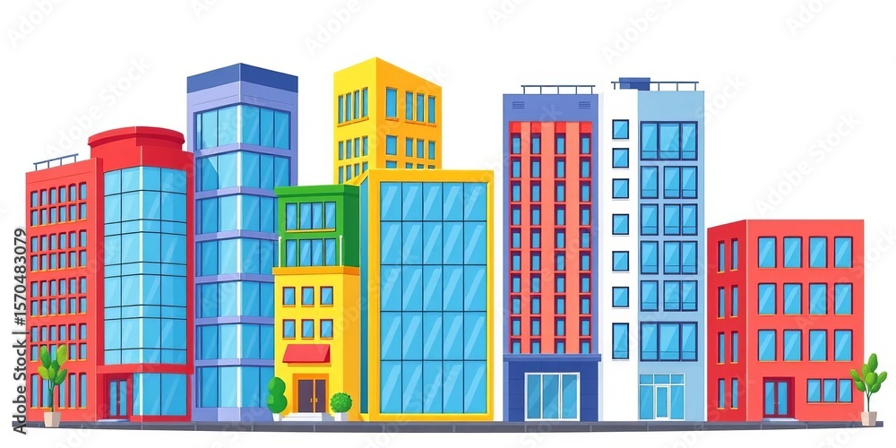 Fototapeta premium Four cartoon office buildings, various styles and colors, isolated on white, multiple, building