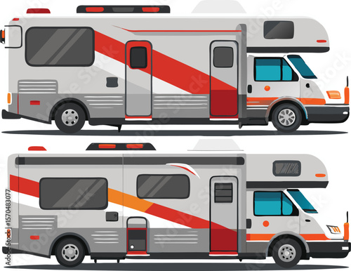Two Modern Class A RVs with Red and White Stripes