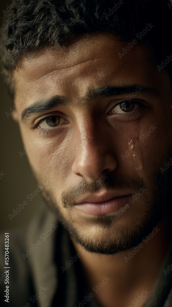 Obraz premium a close-up portrait of a 20-year-old Middle Eastern man with expressive, sorrowful eyes, short hair, light beard, looking directly at the camera, subtle tear in the eye