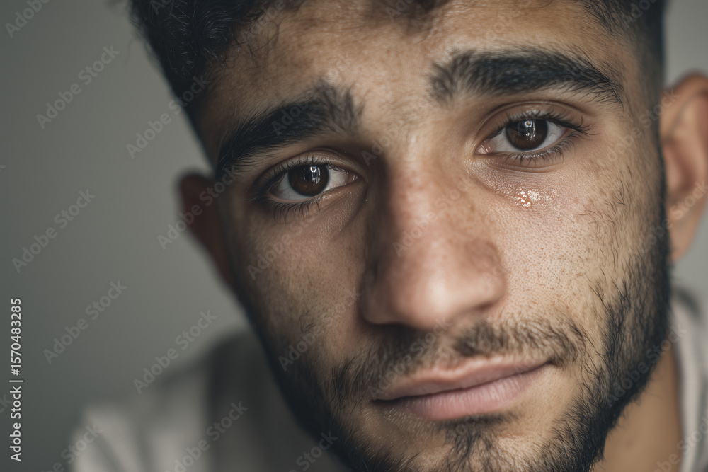 a close-up portrait of a 20-year-old Middle Eastern man with expressive, sorrowful eyes, short hair, light beard, looking directly at the camera, subtle tear in the eye a close-up portrait of a 20-year-old Middle Eastern man with expressive, sorrowful eyes, short hair, light beard, looking directly at the camera, subtle tear in the eye