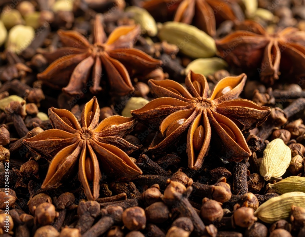 Obraz premium Aromatic Spices with Star Anise, Cloves, and Cardamom on Tabletop