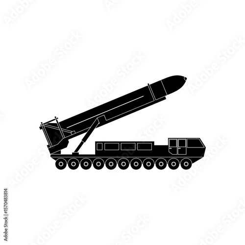Black fill vector of a modern military missile transporter with launcher system, used in warfare or defense design concepts.