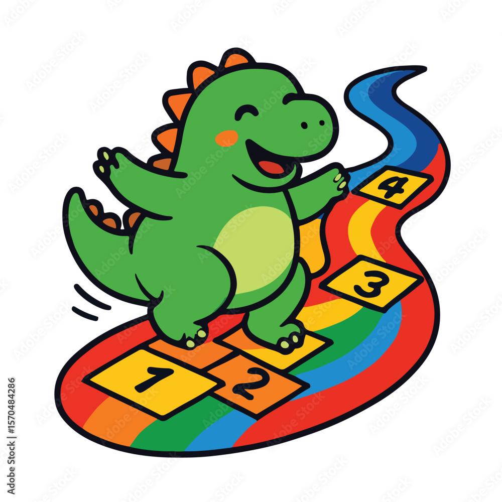 Obraz premium Playful Dinosaur on Hopscotch Game – Fun Kids Cartoon