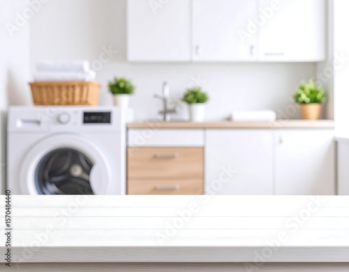 Laundry room, blurred background, white table
