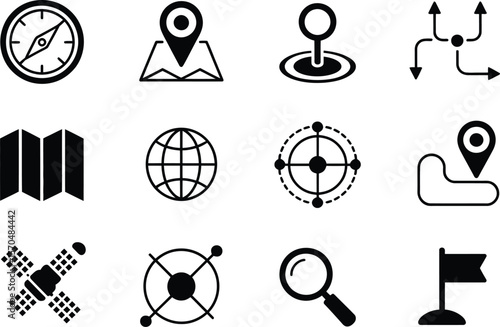 Black Navigation Icons Set Compass Map Globe Location Pin