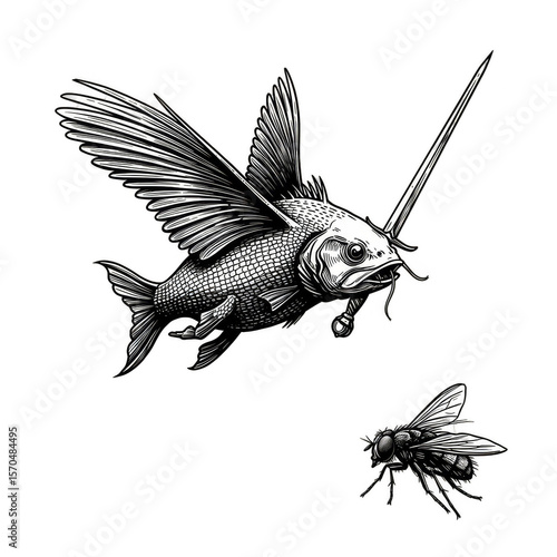 Fish Illustration Flying with Wings Black and White Isolated Animal
