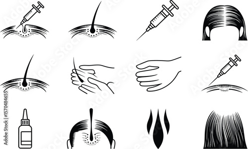 Hair Growth Treatment Icons Syringe Scalp Hairline Bottle