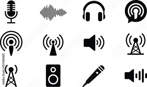 Black Audio Icons Set Microphone Headphones Speaker Sound Waves 1