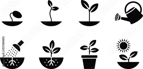 Black Plant Growth Stages Icons Seed Sprout Watering Sun Pot