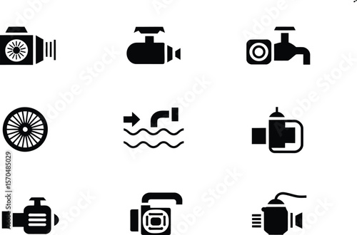 Nine Black and White Water Pump and Valve Icons vector