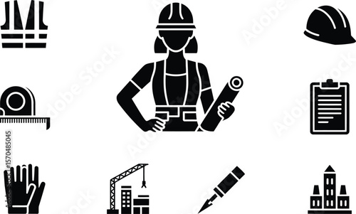 Female Construction Worker Icon Set Black Silhouettes