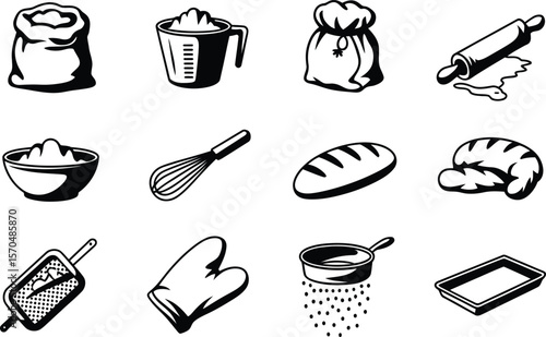 Baking Icons Black and White Flour Bread Dough Utensils