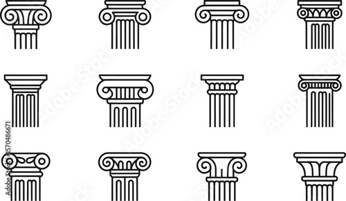 Twelve Classic Column Capital Designs Black Line Art Illustrations