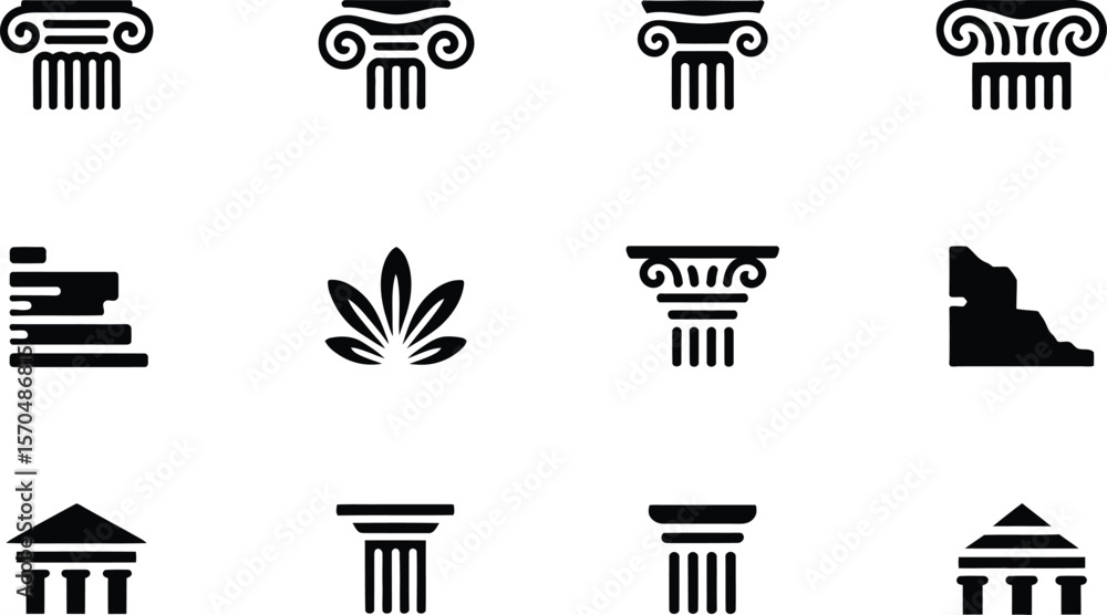 Black and White Greek Column Icons Set Architectural Symbols Black and White Greek Column Icons Set Architectural Symbols