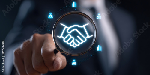 Trusted partner. Trustworthy collaboration, company or contract. Confidence to work together. Businessman use Magnifying glass finding shake hand icon. Build trust in business finance relationships.