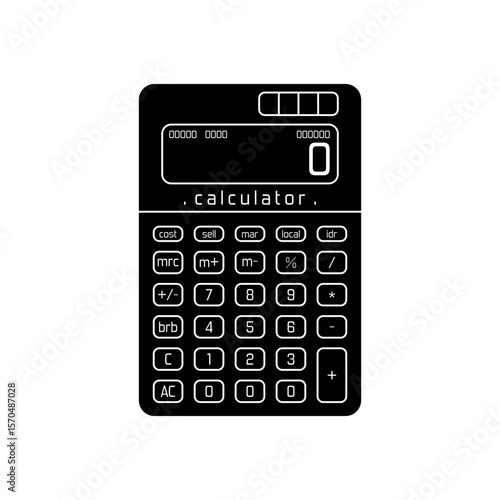 Black fill vector icon of a desk calculator with digital display and detailed buttons, perfect for minimalist business and financial design.