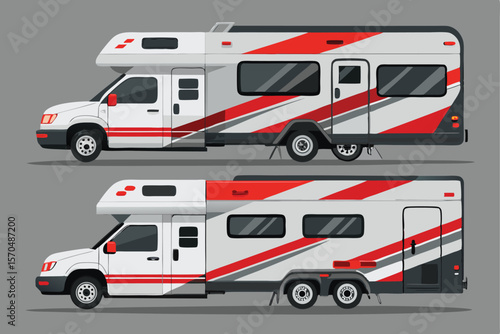 Two Modern Class A RVs with Red and White Stripes