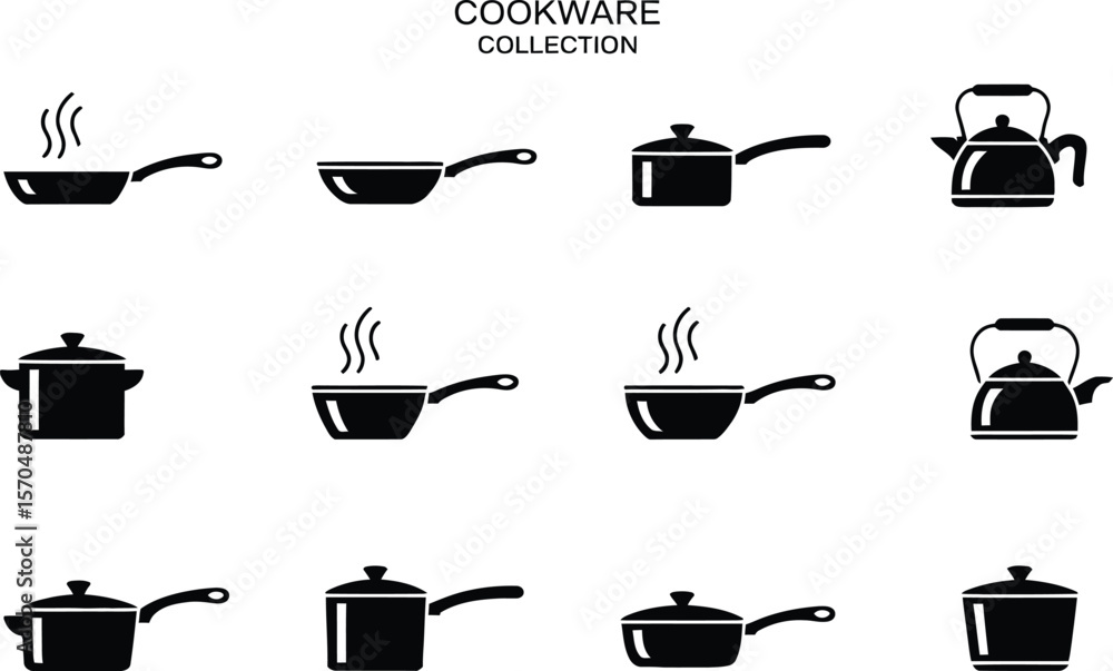 Black Cookware Collection Icons Pots Pans Kettle Steaming Black Cookware Collection Icons Pots Pans Kettle Steaming