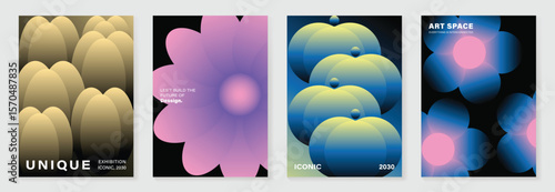 Modern gradient poster on dark background vector set. Cover template with vibrant perspective geometric shapes different. Modern Design for wall art, flyers, brochures, covers and web banners.