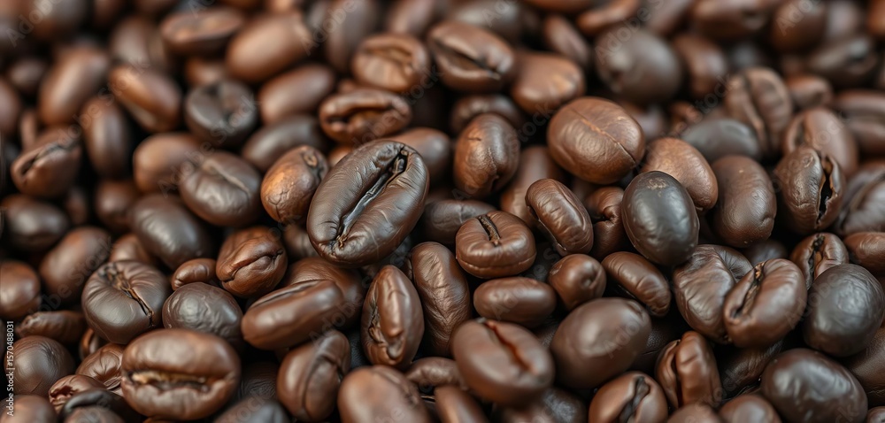 Dry, oily, dark brown roasted coffee beans, close-up texture, caffeine, grain Dry, oily, dark brown roasted coffee beans, close-up texture, caffeine, grain